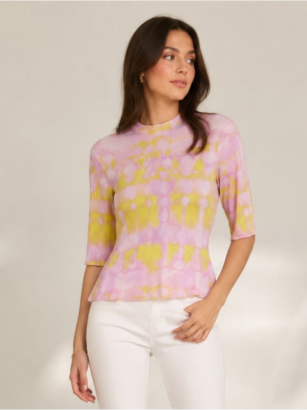 ELLERY Pink and Yelllow‎ Tie-Dye Abstract Print 3/4 Sleeve Slim Top Size 4